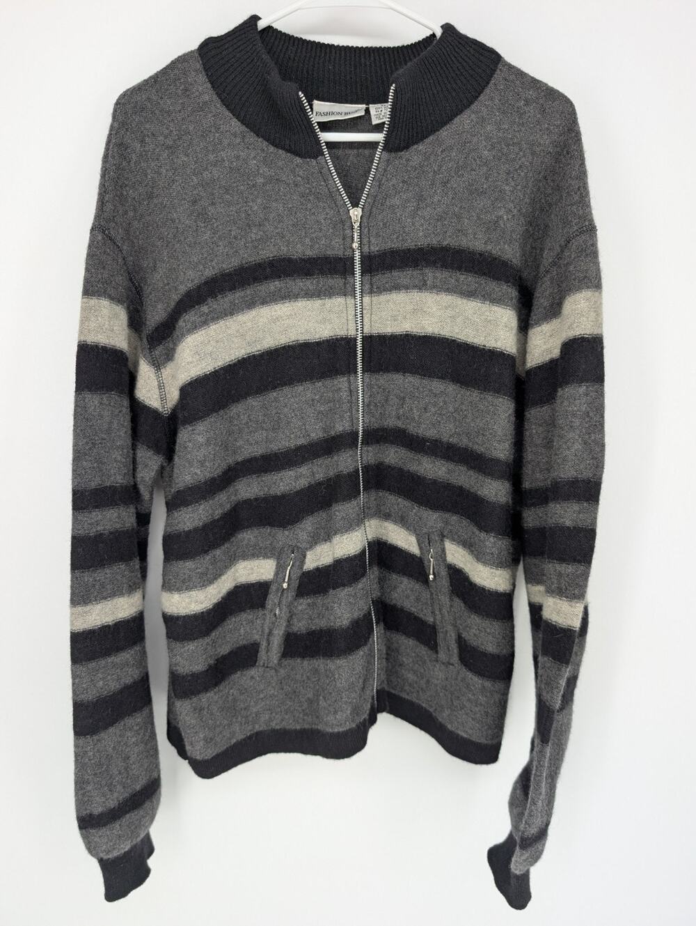 Vintage Y2K Fashion Bug XL 100% Wool Zip Cardigan Sweater Striped Academia 90s